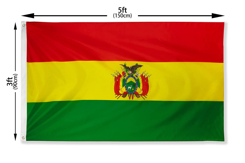 DANF Bolivia Flag 3x5 Ft Thick Polyester, Fade Resistant, Brass Grommets, Canvas Header, Double Sided Bolivian National Flags 3 X 5 Feet