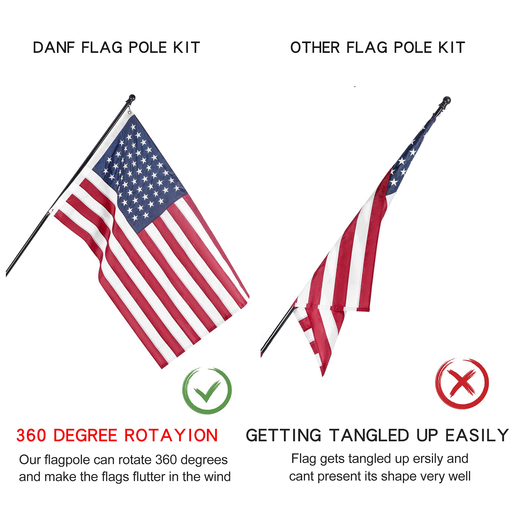 American Flag 3x5 ft with Black Pole Kit - Heavyweight Nylon - Embroidered Stars and Sewn Stripes - 6 Ft No Tangle Flagpole Aluminum and 2-Position Flag Pole Bracket