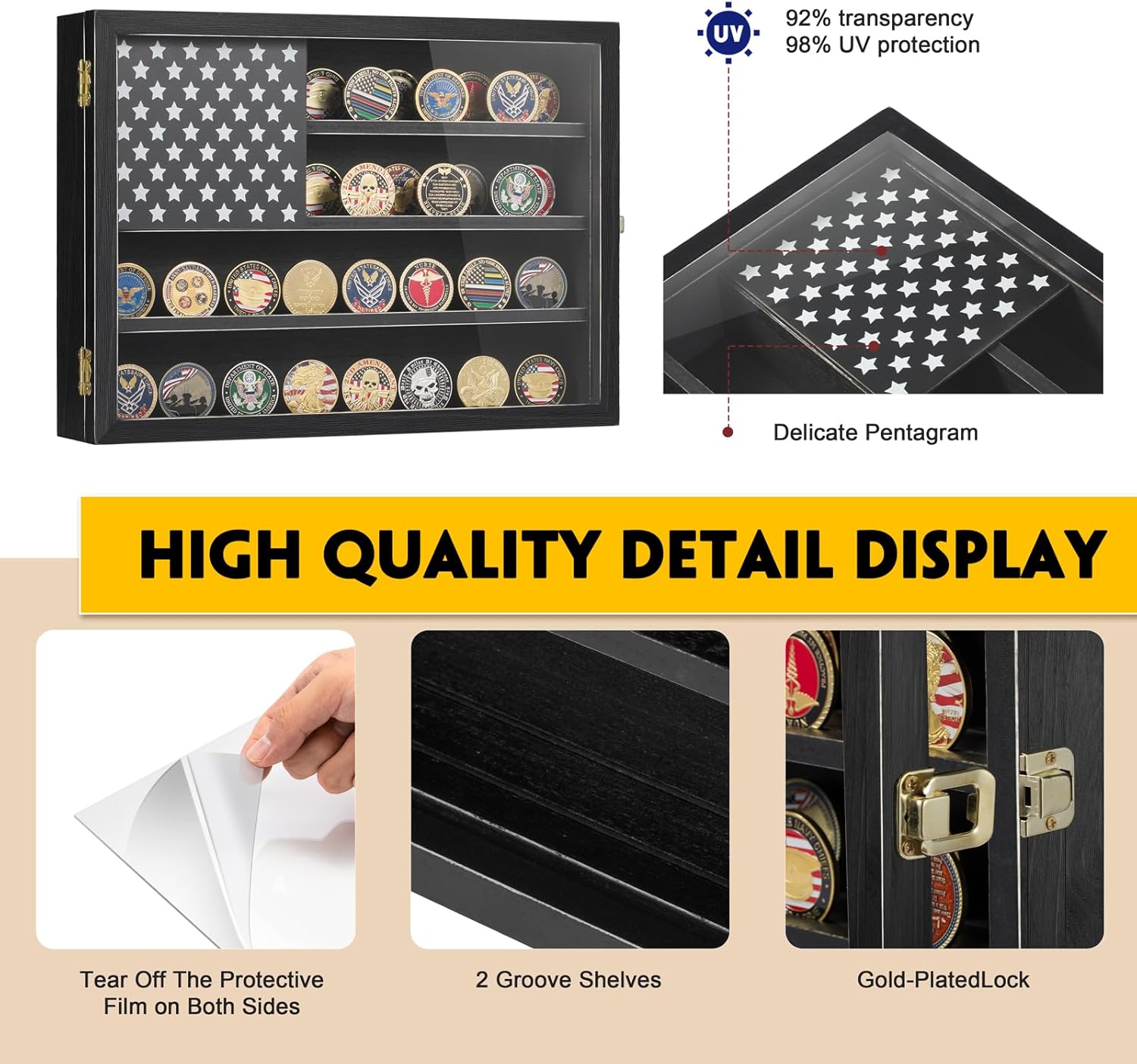 Coin Display Case 15"x11" Military Challenge Coin Holder Wooden American Flag Medal Poker Chip Wall Decor Gift for Collector, Grandfathers, Fathers, Comrade-in-arms, Black