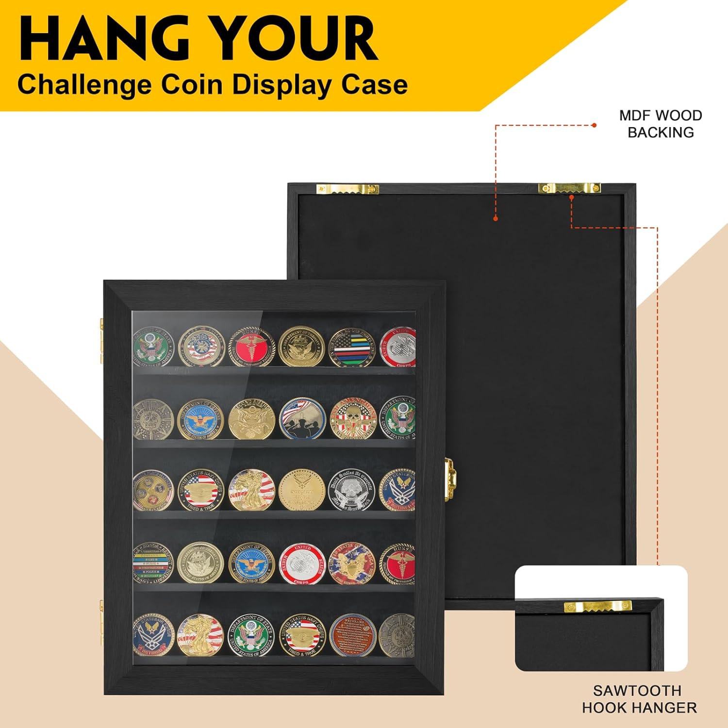 Coin Display Case 11"x14" Challenge Military Coin Holder Wooden American Flag Medal Poker Chip Wall Cabinet Decor Gift for Collector, Grandfathers, Fathers, Comrade-in-arms