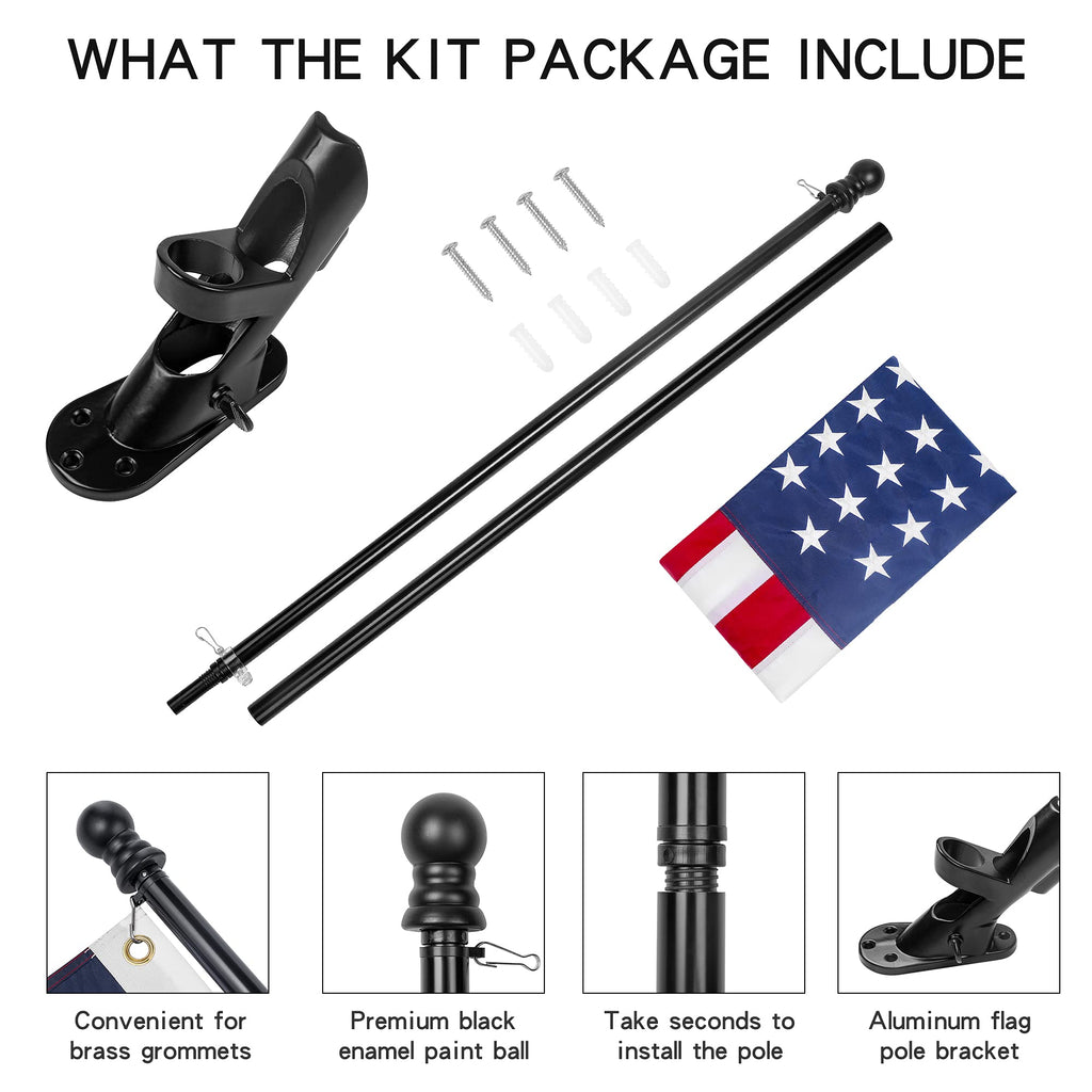 American Flag 3x5 ft with Black Pole Kit - Heavyweight Nylon - Embroidered Stars and Sewn Stripes - 6 Ft No Tangle Flagpole Aluminum and 2-Position Flag Pole Bracket