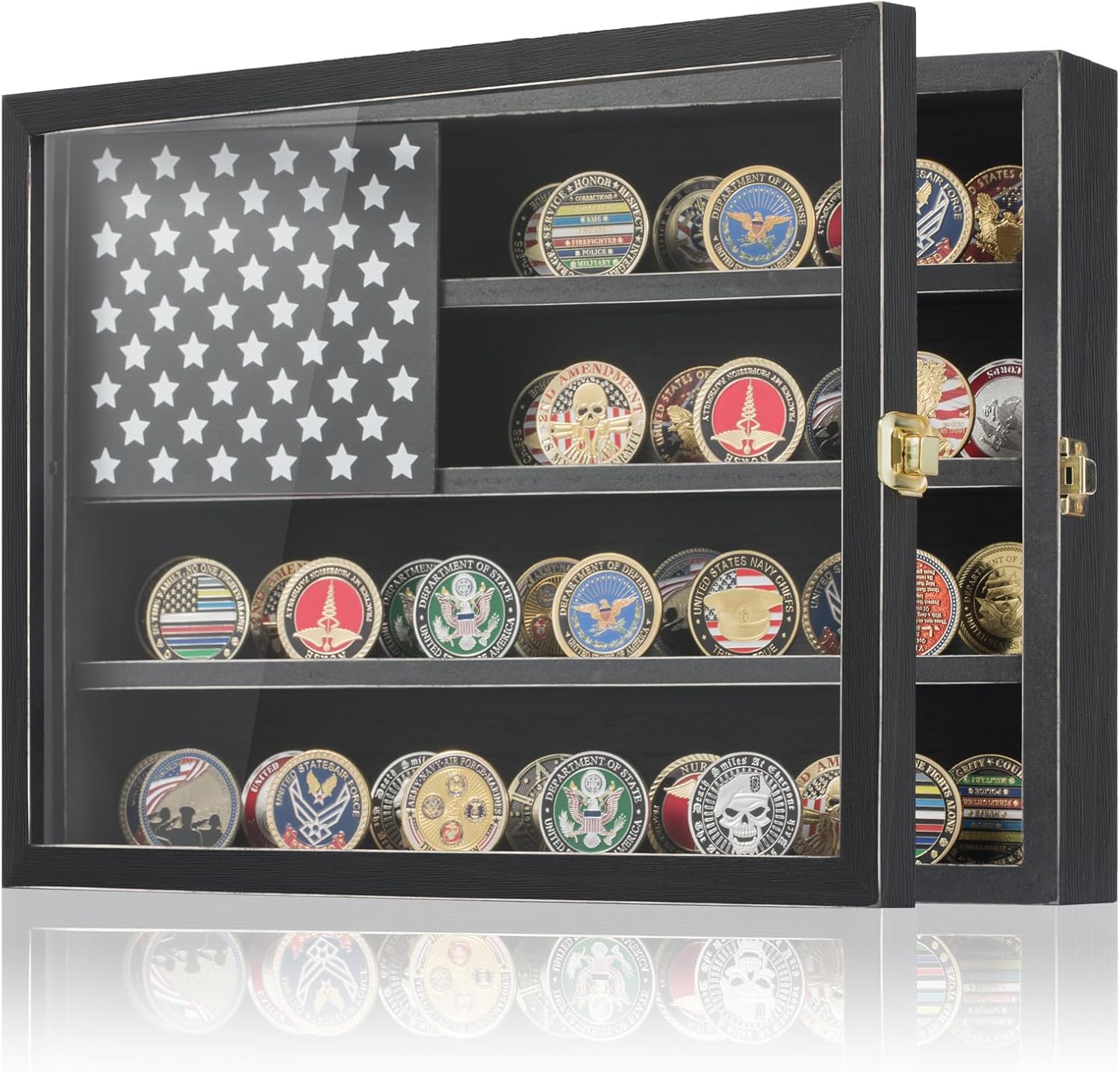 Coin Display Case 15"x11" Military Challenge Coin Holder Wooden American Flag Medal Poker Chip Wall Decor Gift for Collector, Grandfathers, Fathers, Comrade-in-arms, Black