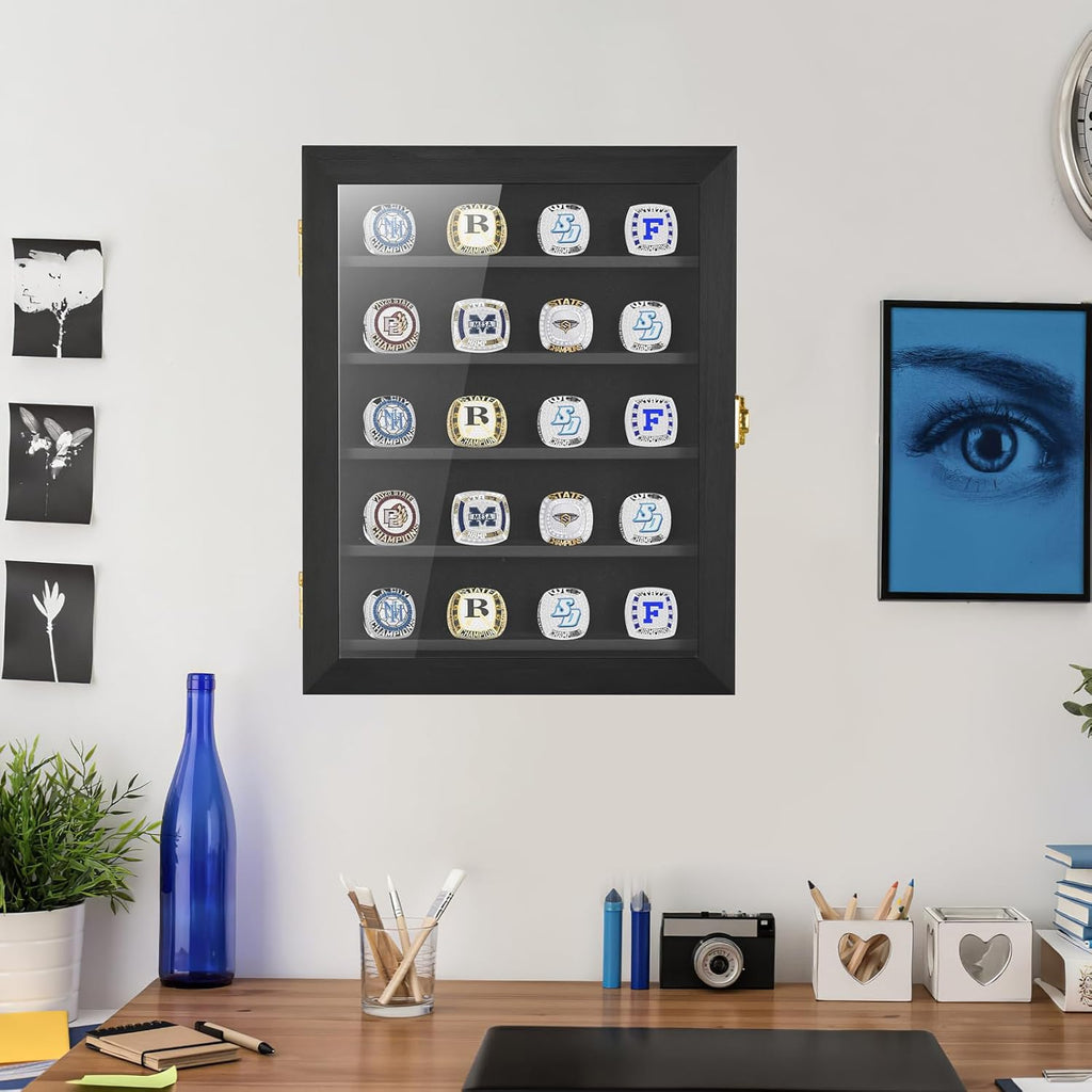 Championship Ring Display Case, 20 Ring Posts Sports Ring Display Case Wooden Shadow Box for Baseball Basketball Football Softball Award Rings Fan Souvenirs