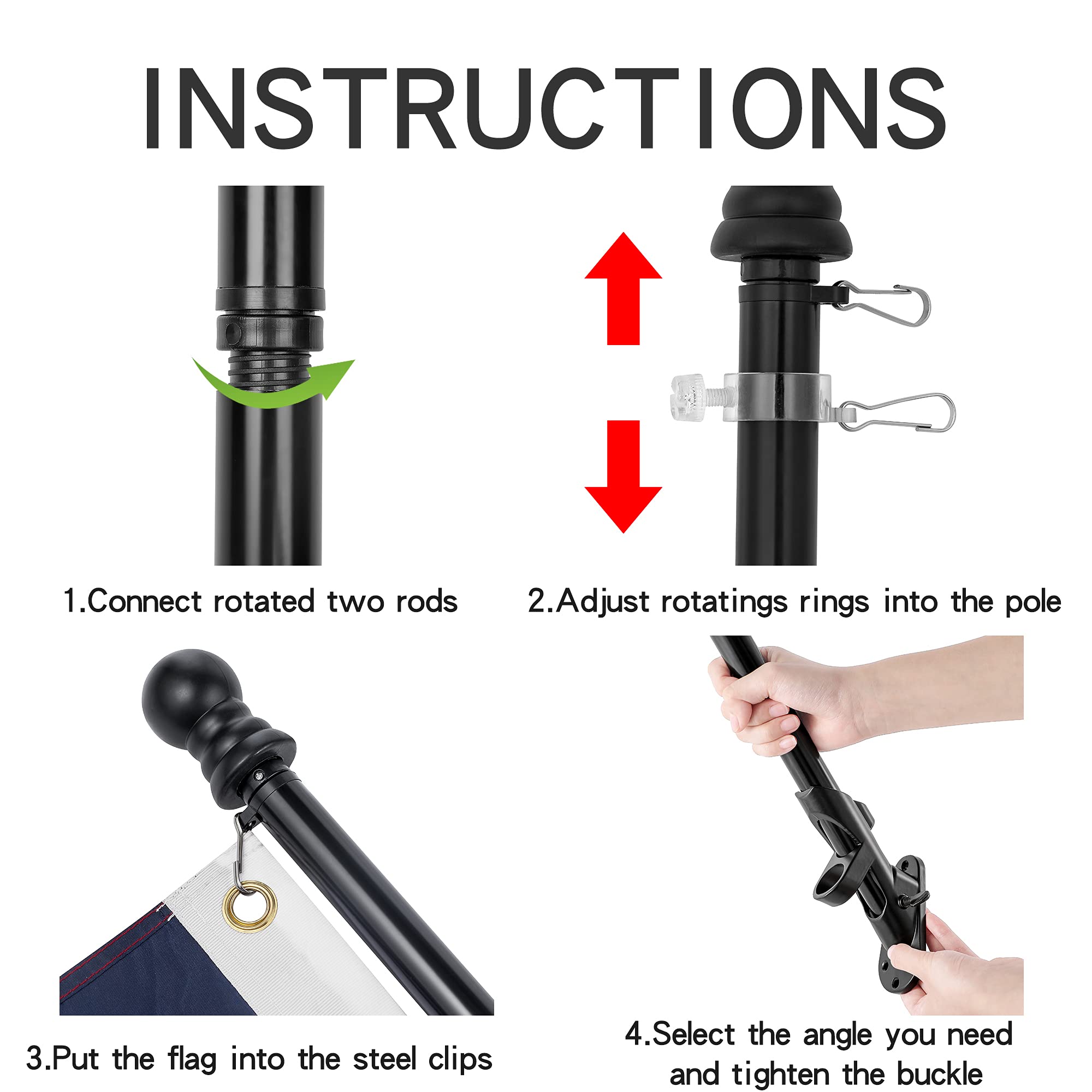 American Flag 3x5 ft with Black Pole Kit - Heavyweight Nylon - Embroidered Stars and Sewn Stripes - 6 Ft No Tangle Flagpole Aluminum and 2-Position Flag Pole Bracket