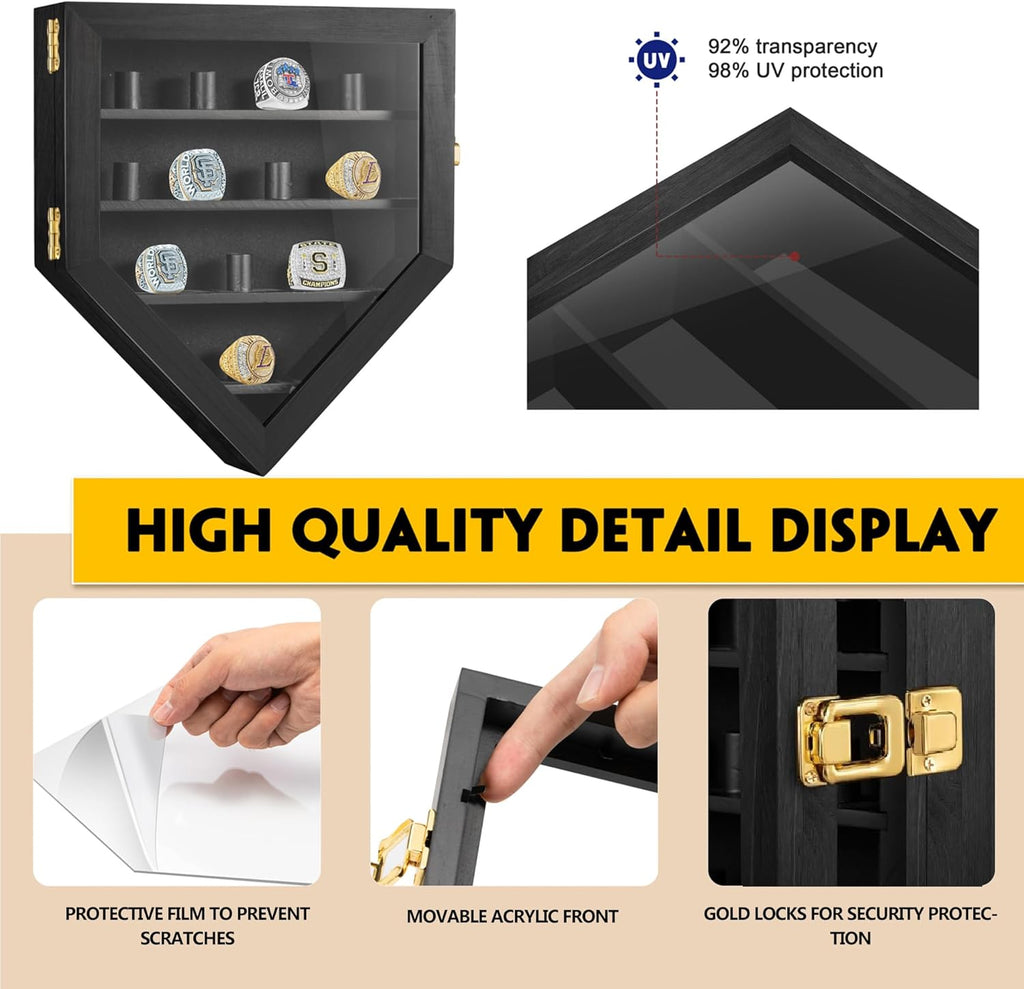 Championship Ring Display Case, 12 Ring Posts Sports Ring Display Case Wooden Shadow Box for Baseball Basketball Football Softball Award Rings Fan Souvenirs