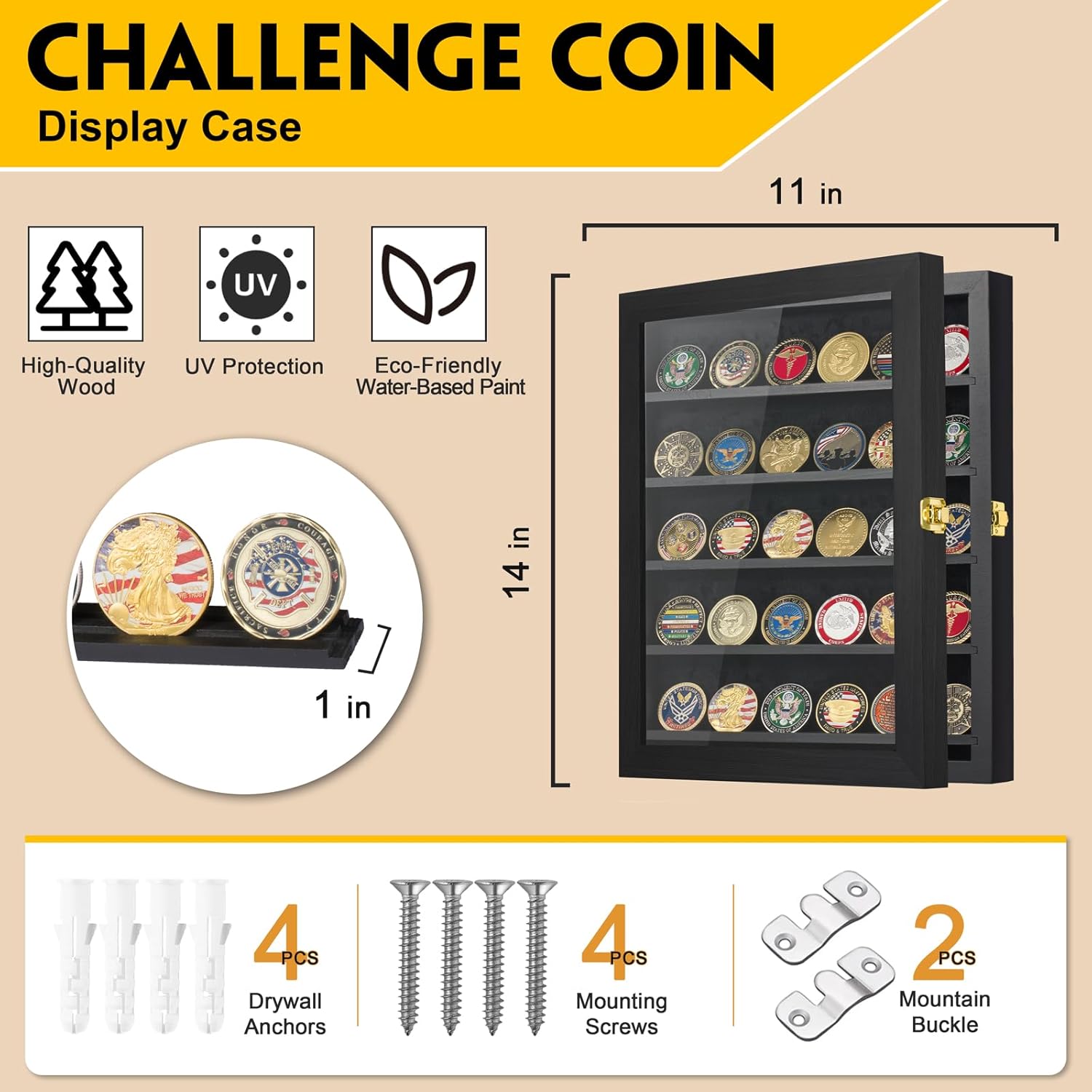 Coin Display Case 11"x14" Challenge Military Coin Holder Wooden American Flag Medal Poker Chip Wall Cabinet Decor Gift for Collector, Grandfathers, Fathers, Comrade-in-arms