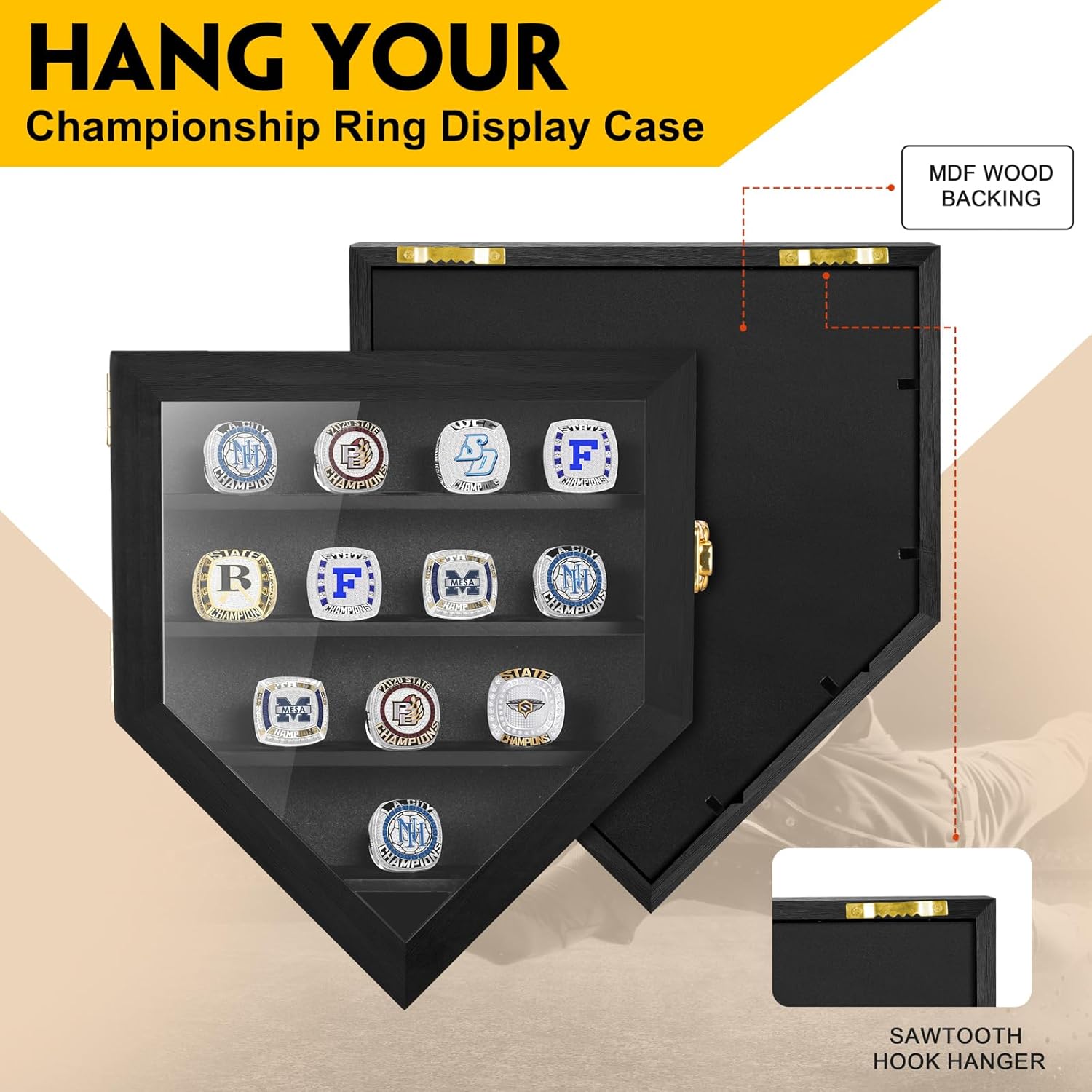 Championship Ring Display Case, 12 Ring Posts Sports Ring Display Case Wooden Shadow Box for Baseball Basketball Football Softball Award Rings Fan Souvenirs