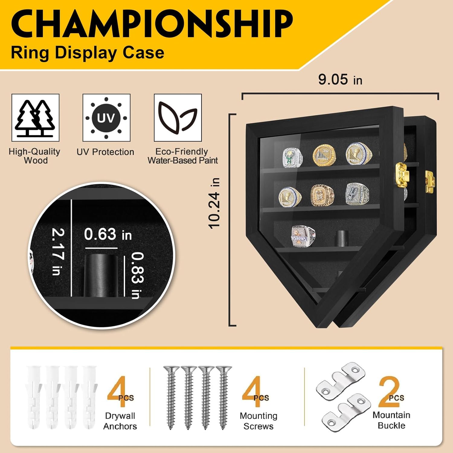 Championship Ring Display Case, 12 Ring Posts Sports Ring Display Case Wooden Shadow Box for Baseball Basketball Football Softball Award Rings Fan Souvenirs