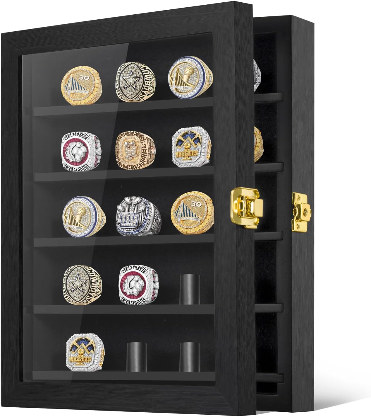 Championship Ring Display Case, 20 Ring Posts Sports Ring Display Case Wooden Shadow Box for Baseball Basketball Football Softball Award Rings Fan Souvenirs