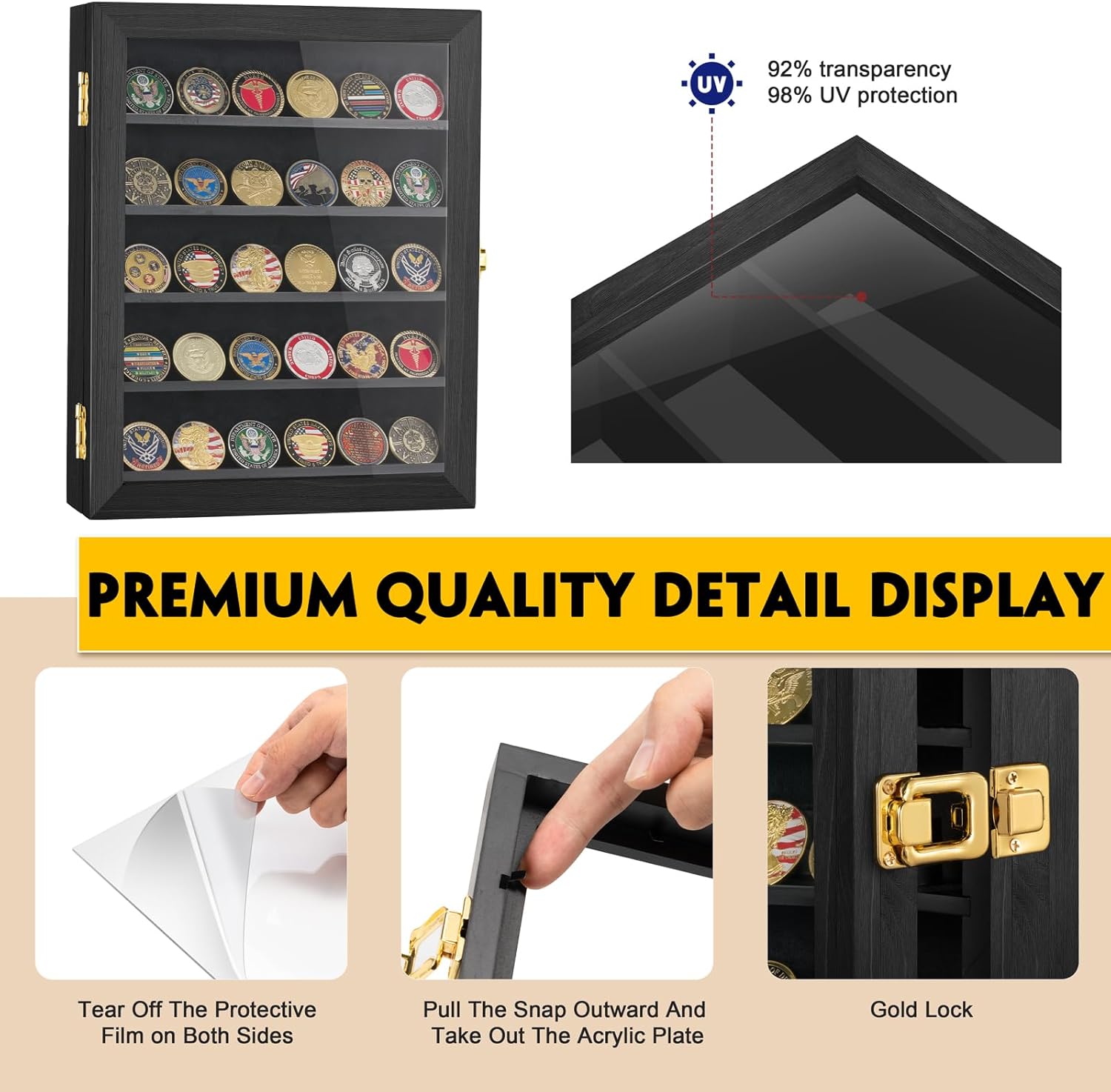 Coin Display Case 11"x14" Challenge Military Coin Holder Wooden American Flag Medal Poker Chip Wall Cabinet Decor Gift for Collector, Grandfathers, Fathers, Comrade-in-arms