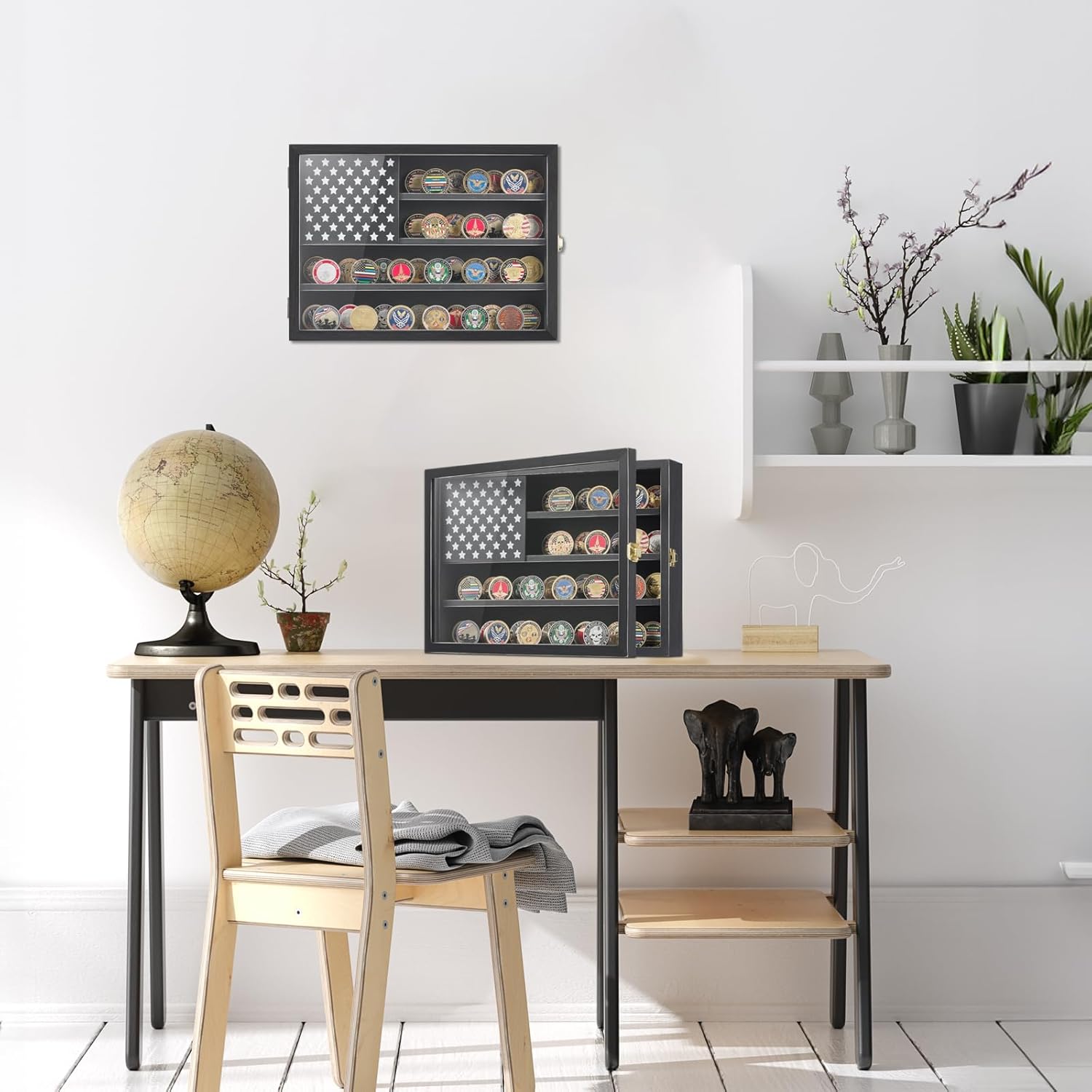 Coin Display Case 15"x11" Military Challenge Coin Holder Wooden American Flag Medal Poker Chip Wall Decor Gift for Collector, Grandfathers, Fathers, Comrade-in-arms, Black