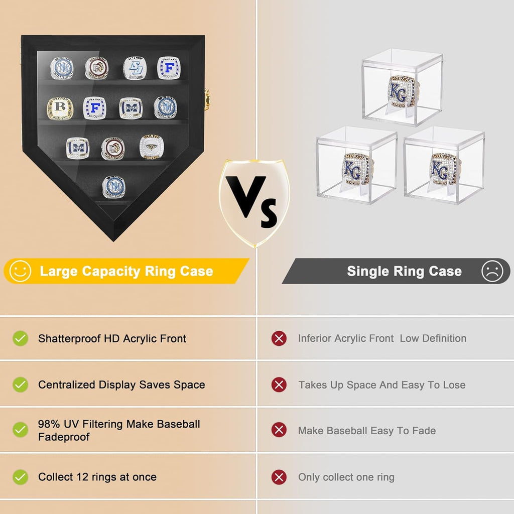 Championship Ring Display Case, 12 Ring Posts Sports Ring Display Case Wooden Shadow Box for Baseball Basketball Football Softball Award Rings Fan Souvenirs