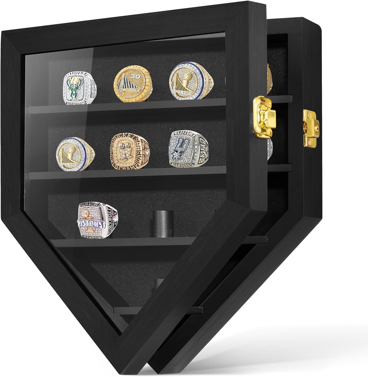 Championship Ring Display Case, 12 Ring Posts Sports Ring Display Case Wooden Shadow Box for Baseball Basketball Football Softball Award Rings Fan Souvenirs