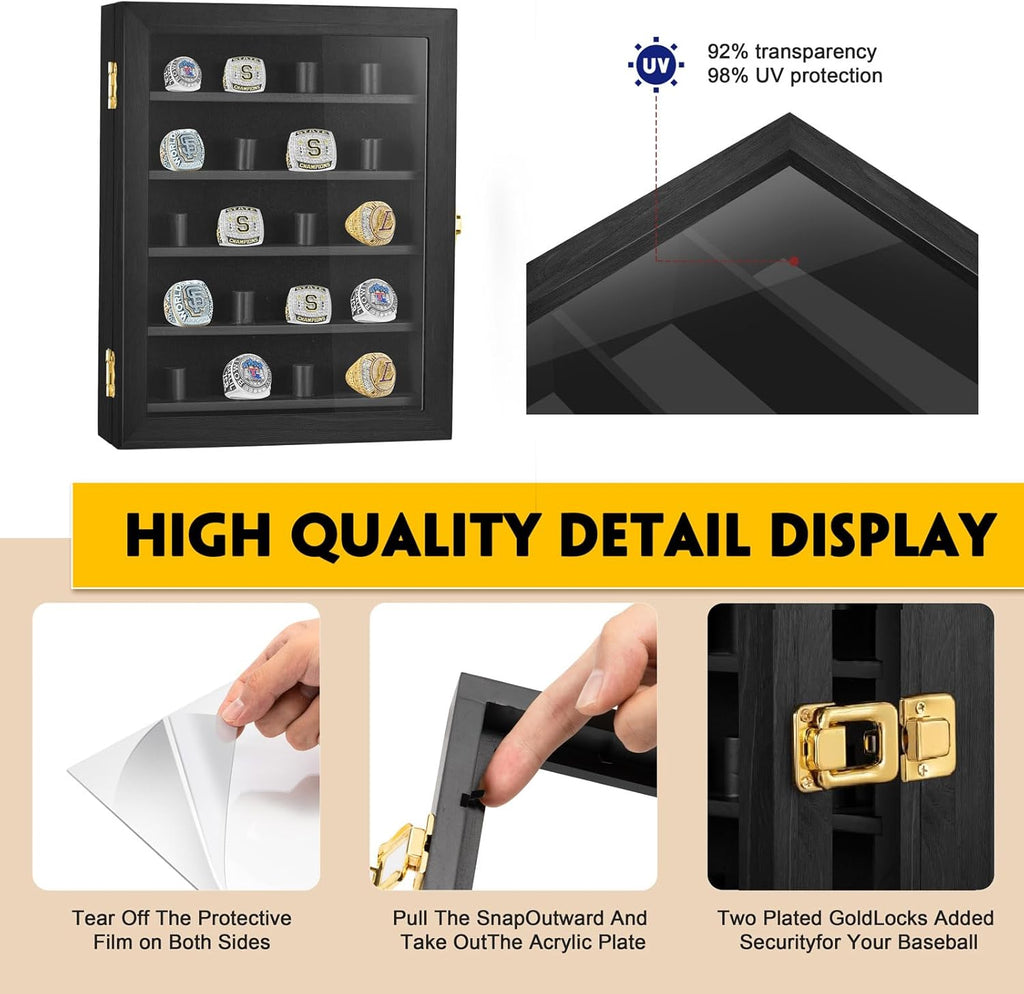 Championship Ring Display Case, 20 Ring Posts Sports Ring Display Case Wooden Shadow Box for Baseball Basketball Football Softball Award Rings Fan Souvenirs