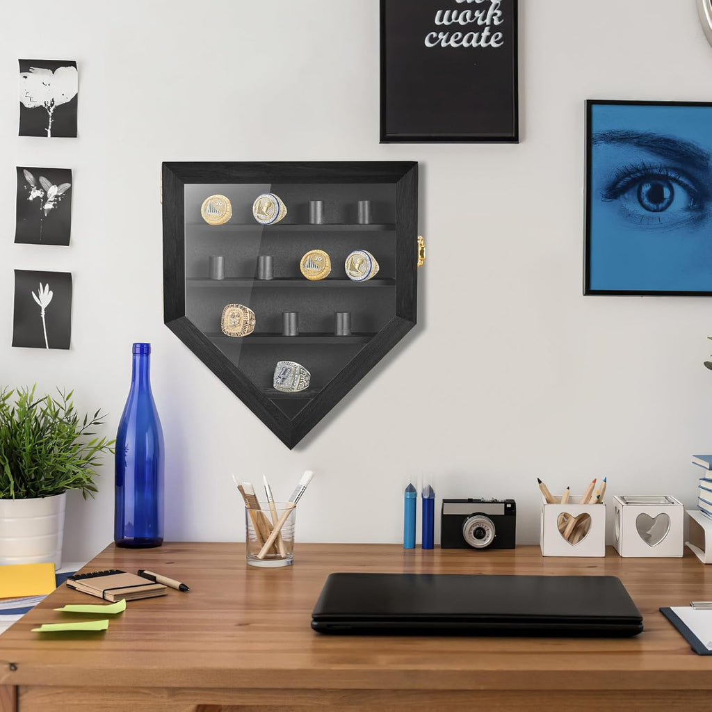 Championship Ring Display Case, 12 Ring Posts Sports Ring Display Case Wooden Shadow Box for Baseball Basketball Football Softball Award Rings Fan Souvenirs