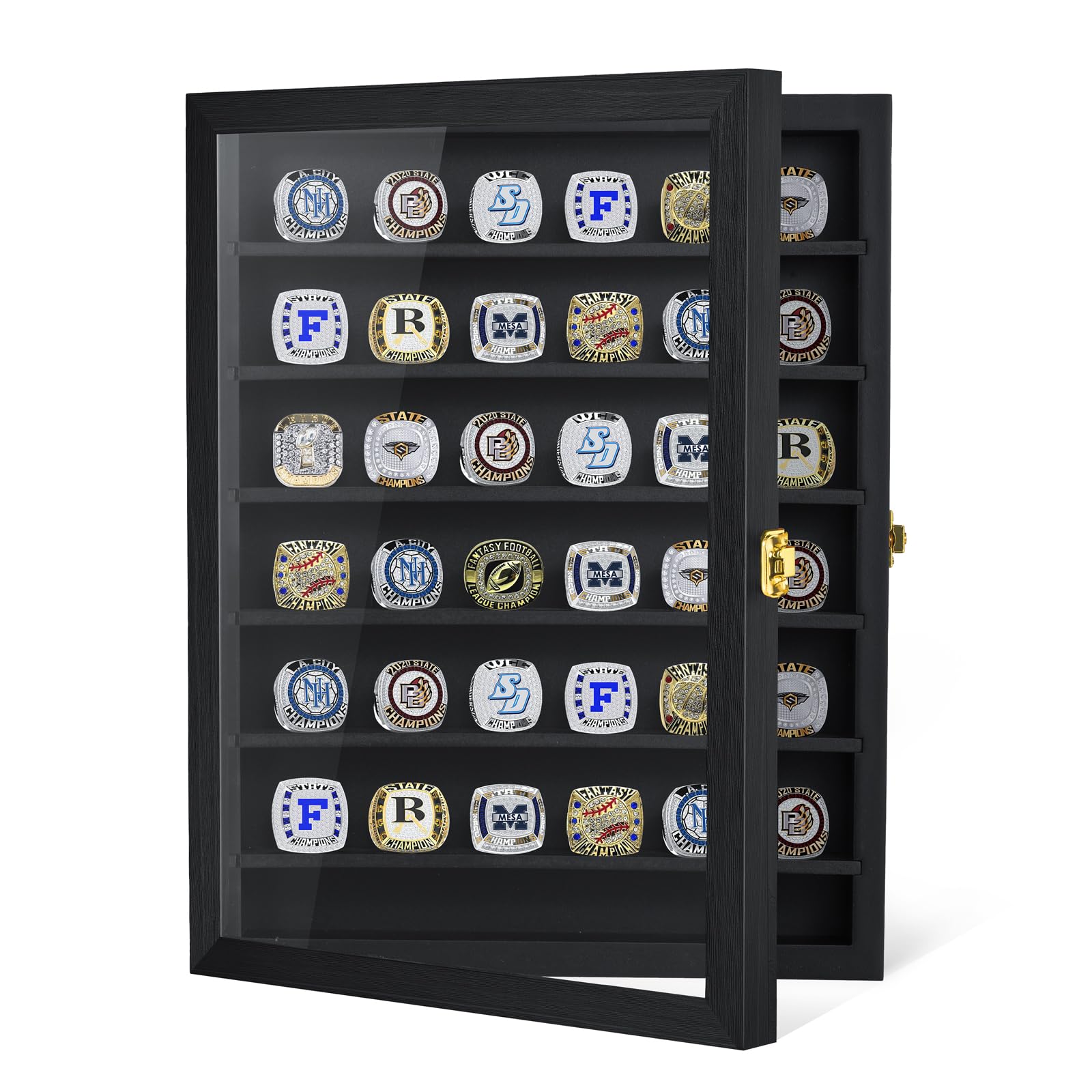 Championship Ring Display Case, 20 Ring Posts Sports Ring Display Case Wooden Shadow Box for Baseball Basketball Football Softball Award Rings Fan Souvenirs