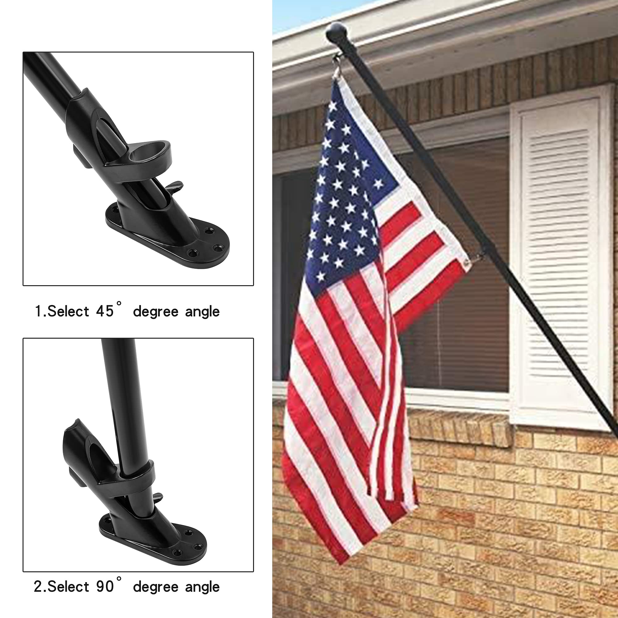 American Flag 3x5 ft with Black Pole Kit - Heavyweight Nylon - Embroidered Stars and Sewn Stripes - 6 Ft No Tangle Flagpole Aluminum and 2-Position Flag Pole Bracket