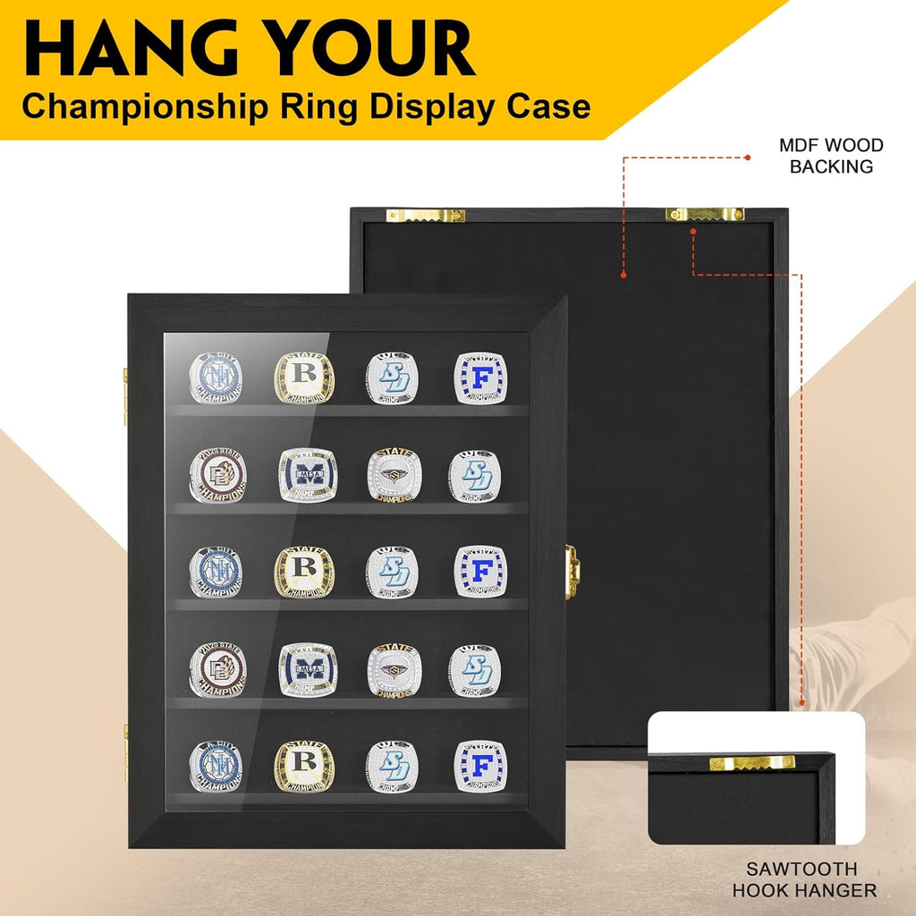 Championship Ring Display Case, 20 Ring Posts Sports Ring Display Case Wooden Shadow Box for Baseball Basketball Football Softball Award Rings Fan Souvenirs