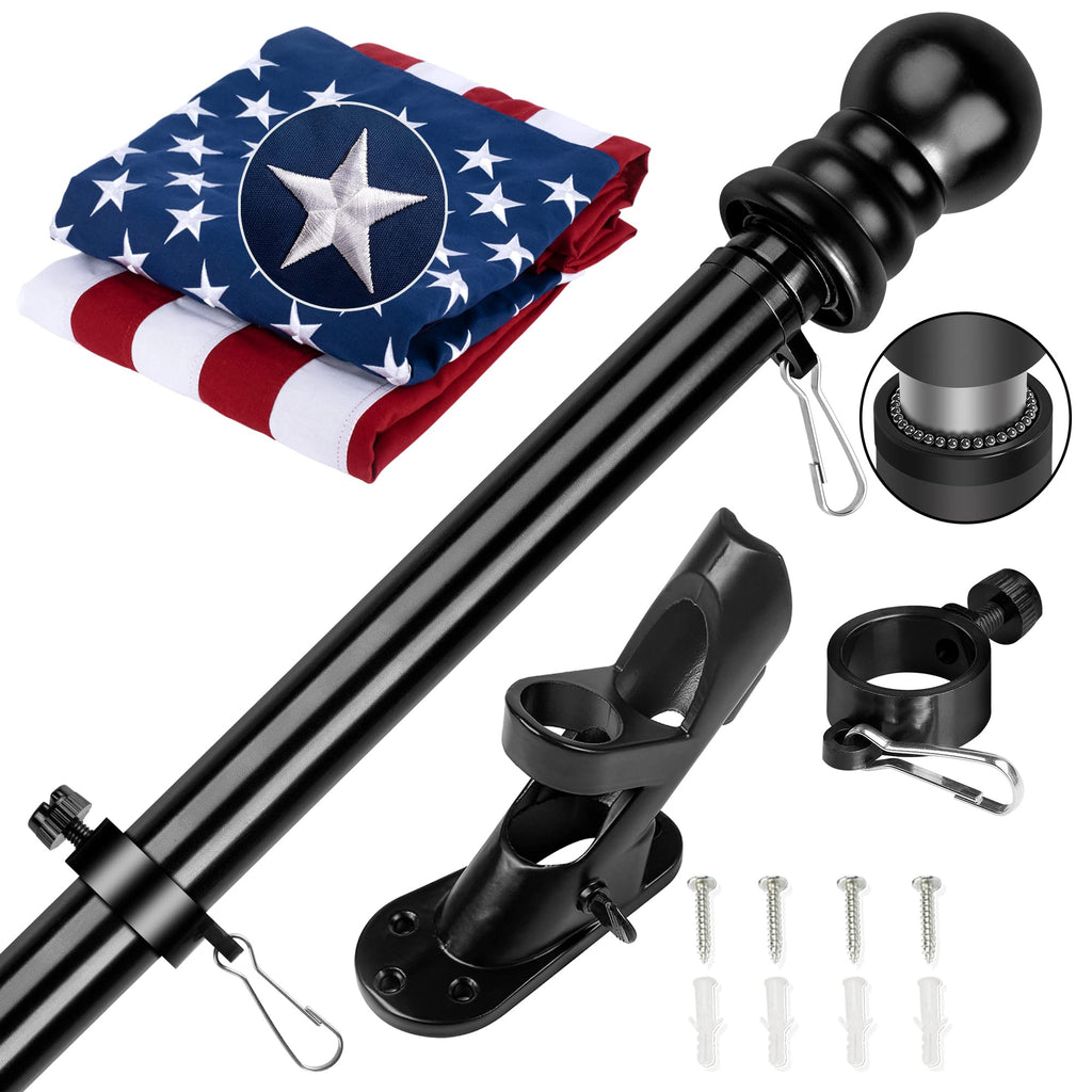 American Flag 3x5 ft with Black Pole Kit - Heavyweight Nylon - Embroidered Stars and Sewn Stripes - 6 Ft No Tangle Flagpole Aluminum and 2-Position Flag Pole Bracket