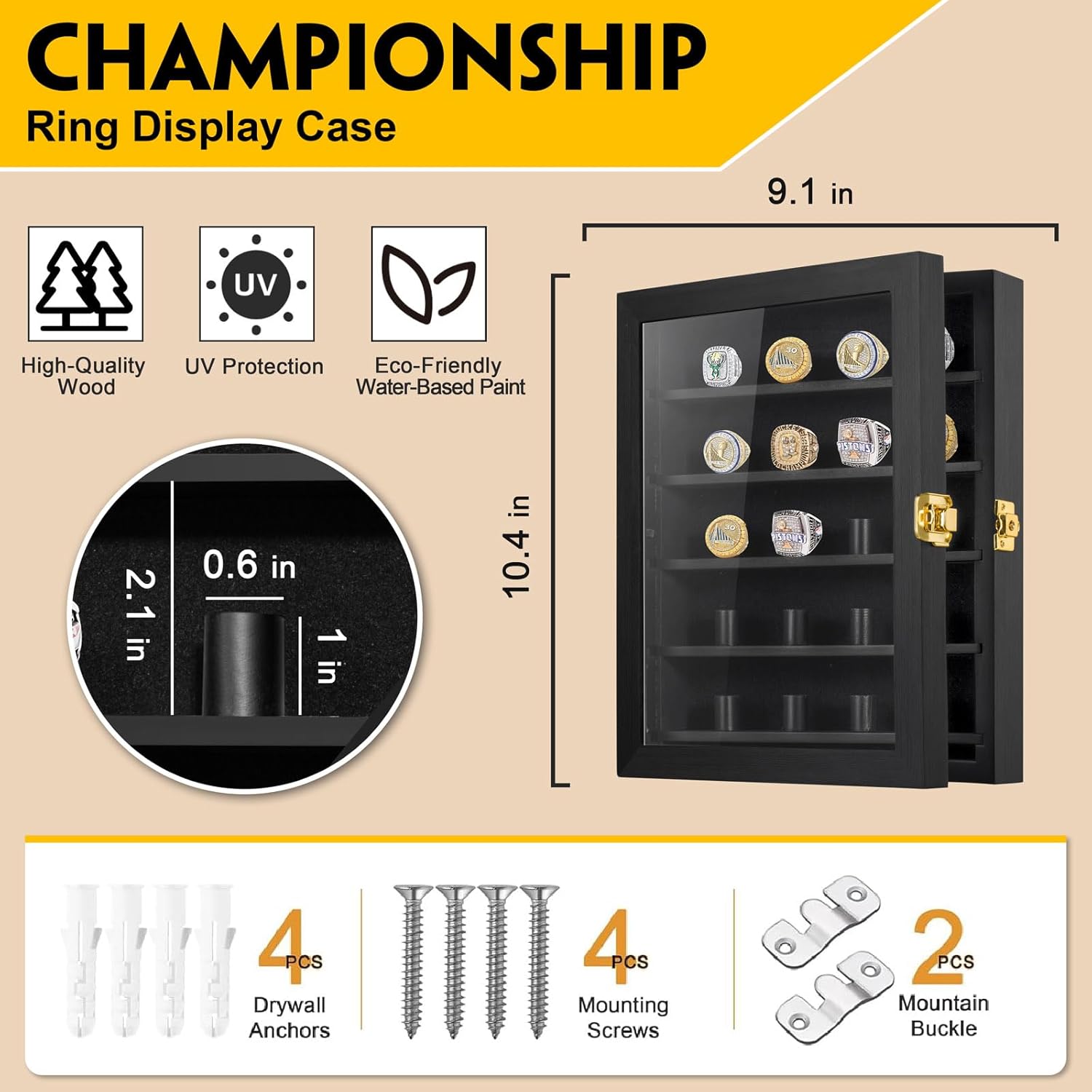 Championship Ring Display Case, 20 Ring Posts Sports Ring Display Case Wooden Shadow Box for Baseball Basketball Football Softball Award Rings Fan Souvenirs