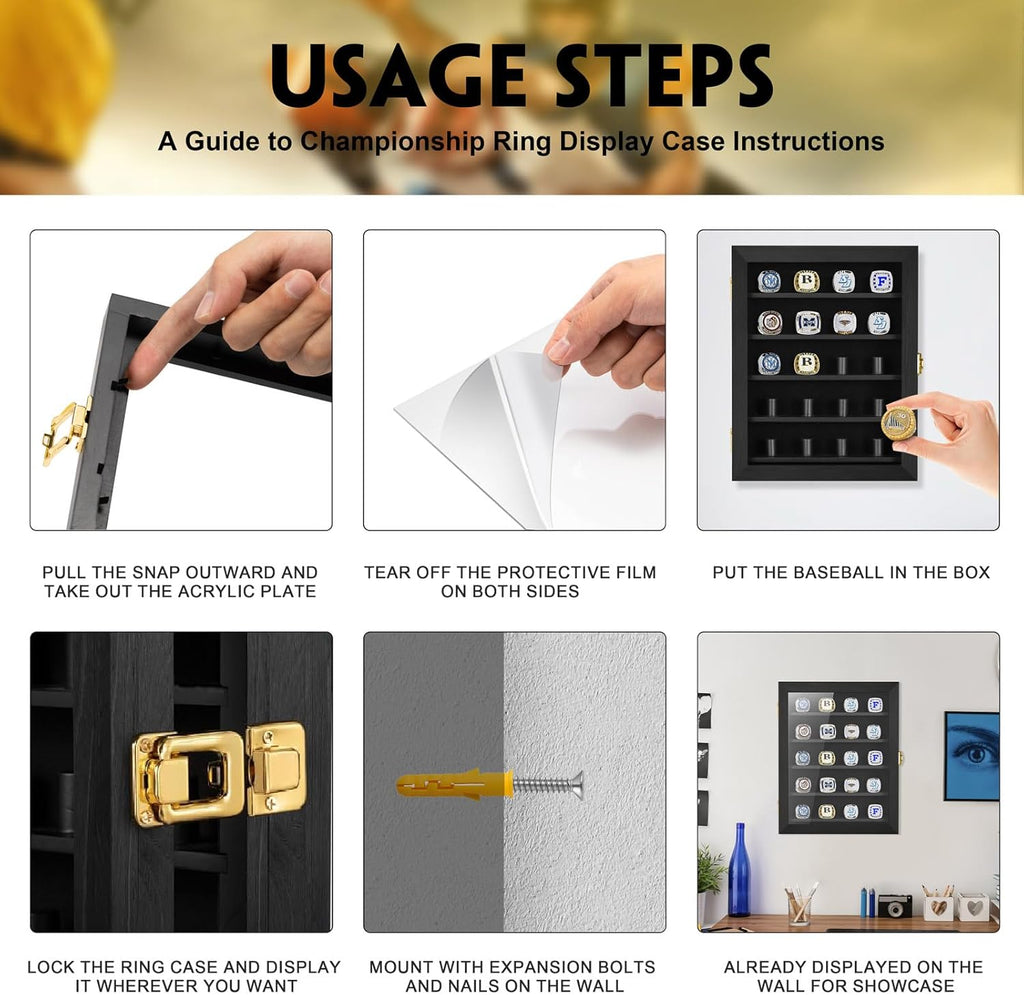 Championship Ring Display Case, 20 Ring Posts Sports Ring Display Case Wooden Shadow Box for Baseball Basketball Football Softball Award Rings Fan Souvenirs