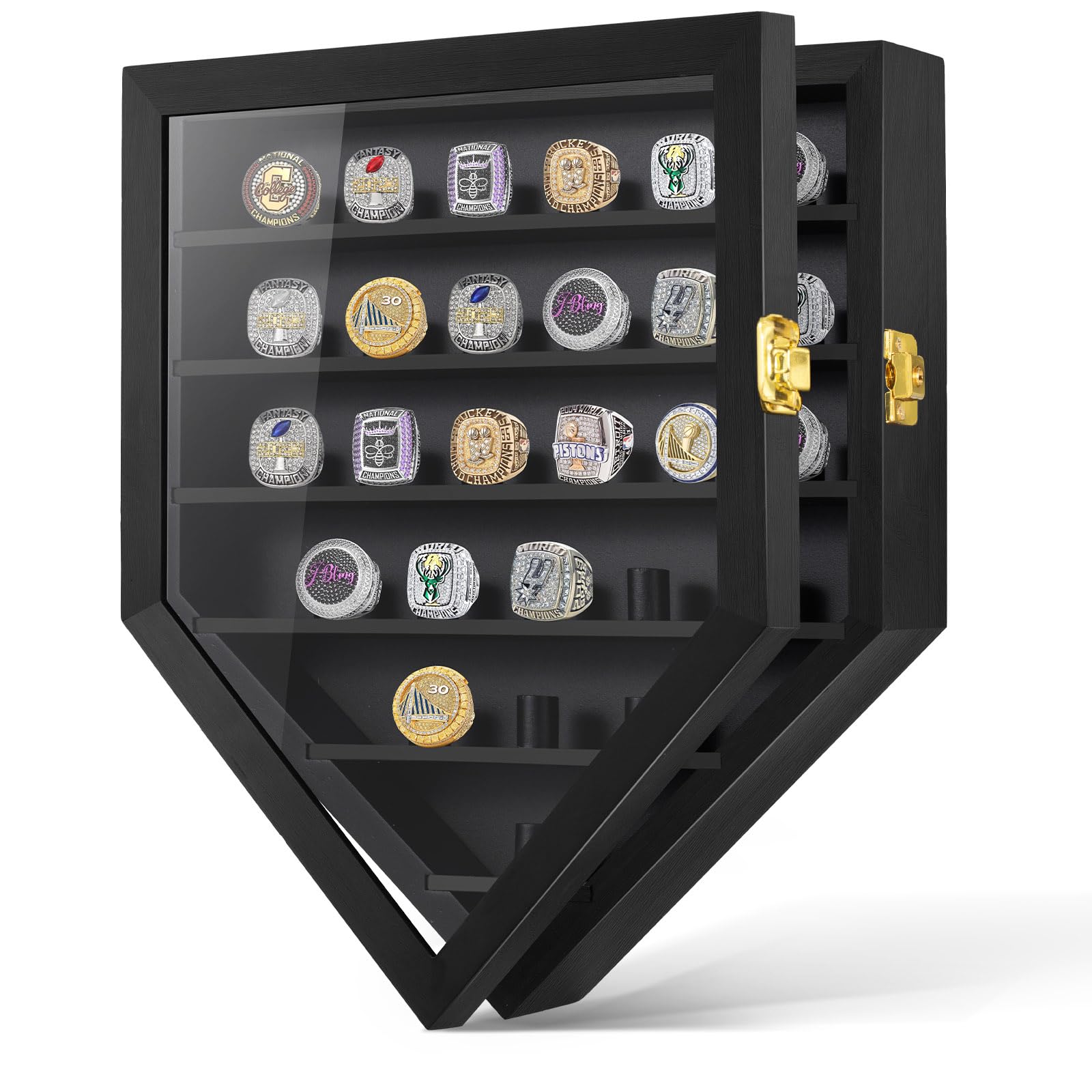 Championship Ring Display Case, 12 Ring Posts Sports Ring Display Case Wooden Shadow Box for Baseball Basketball Football Softball Award Rings Fan Souvenirs