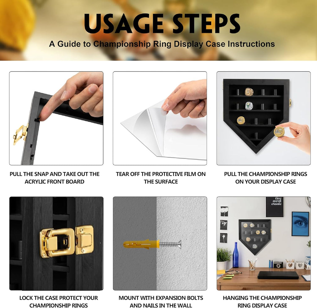 Championship Ring Display Case, 12 Ring Posts Sports Ring Display Case Wooden Shadow Box for Baseball Basketball Football Softball Award Rings Fan Souvenirs